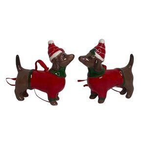 NEW Set of 2 Dachshund Dog Ornaments Blue Sky Ceramics Figures Heather Goldminc